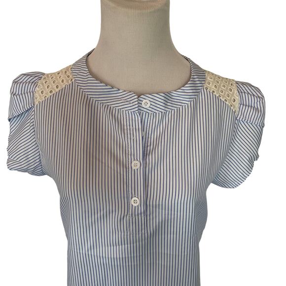 NEW NWT Blue & White Stripe Button Down Blouse Lace Detail Short Sleeve Top - Picture 3 of 7